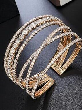 Multi Layer Crystal Cuff Bracelet Gold Tone Lots of Rhinestones Wedding Prom